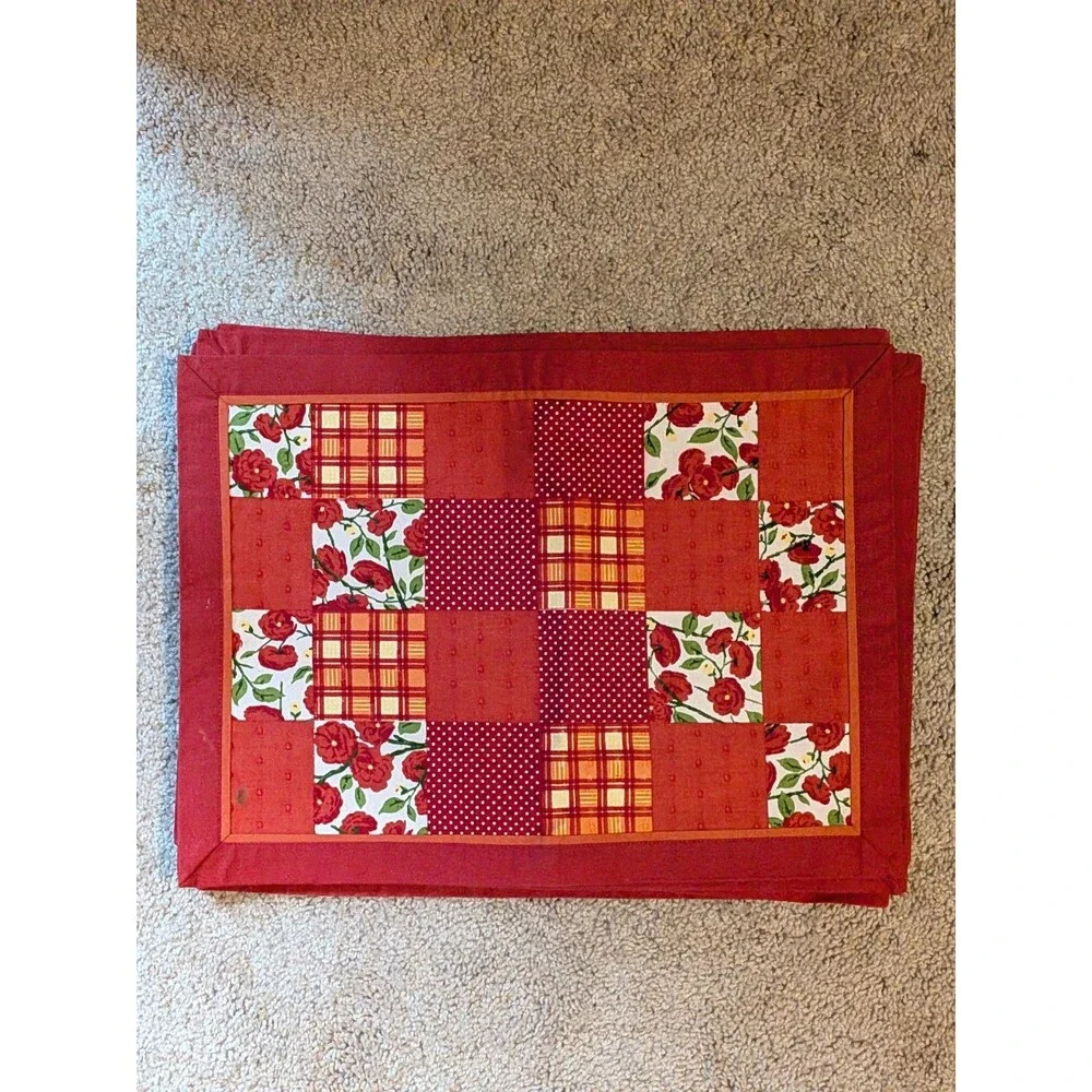 Red Patchwork Quilted Placemats Floral Polka Dot Plaid Set Of 8 14